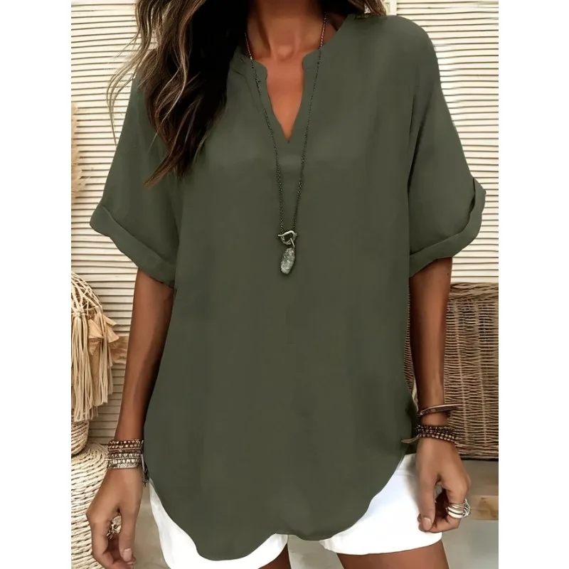 Plus Size Women's Casual Solid Color Short Sleeved Shirt Fashionable Notch V-neck Minimalist Shirt Elegant and Versatile Shirt
