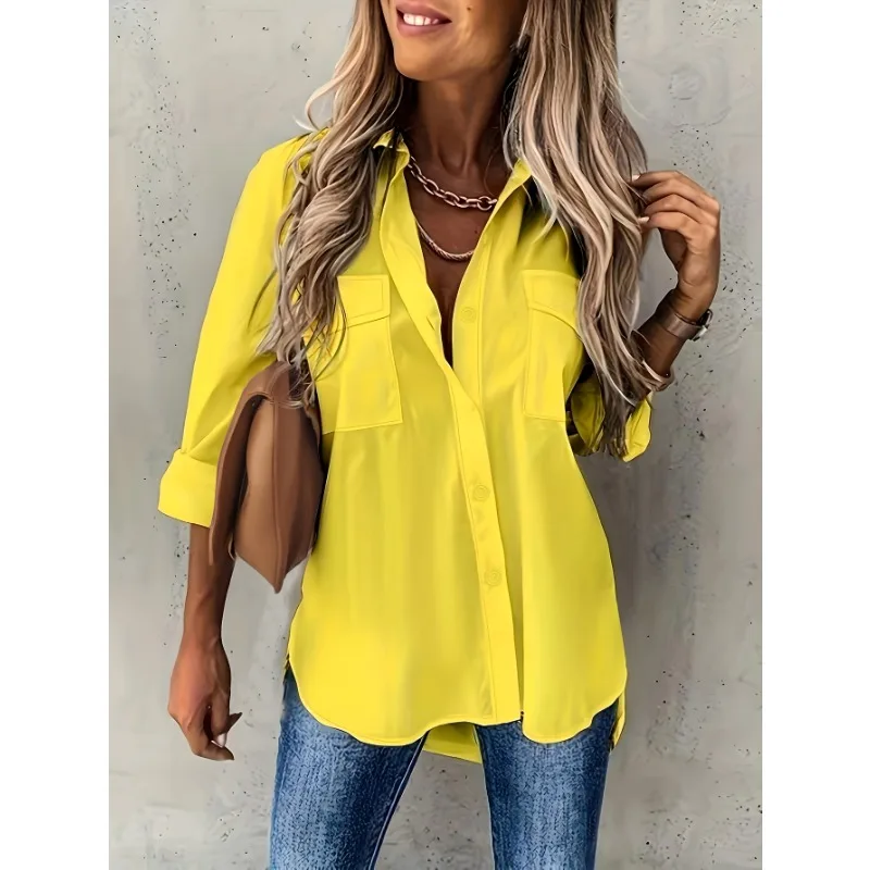 Plus Size spring summer Women's Fashion Lapel Solid Color Pocket Decoration Shirt Simple Long Sleeved and Casual Loose Shirt