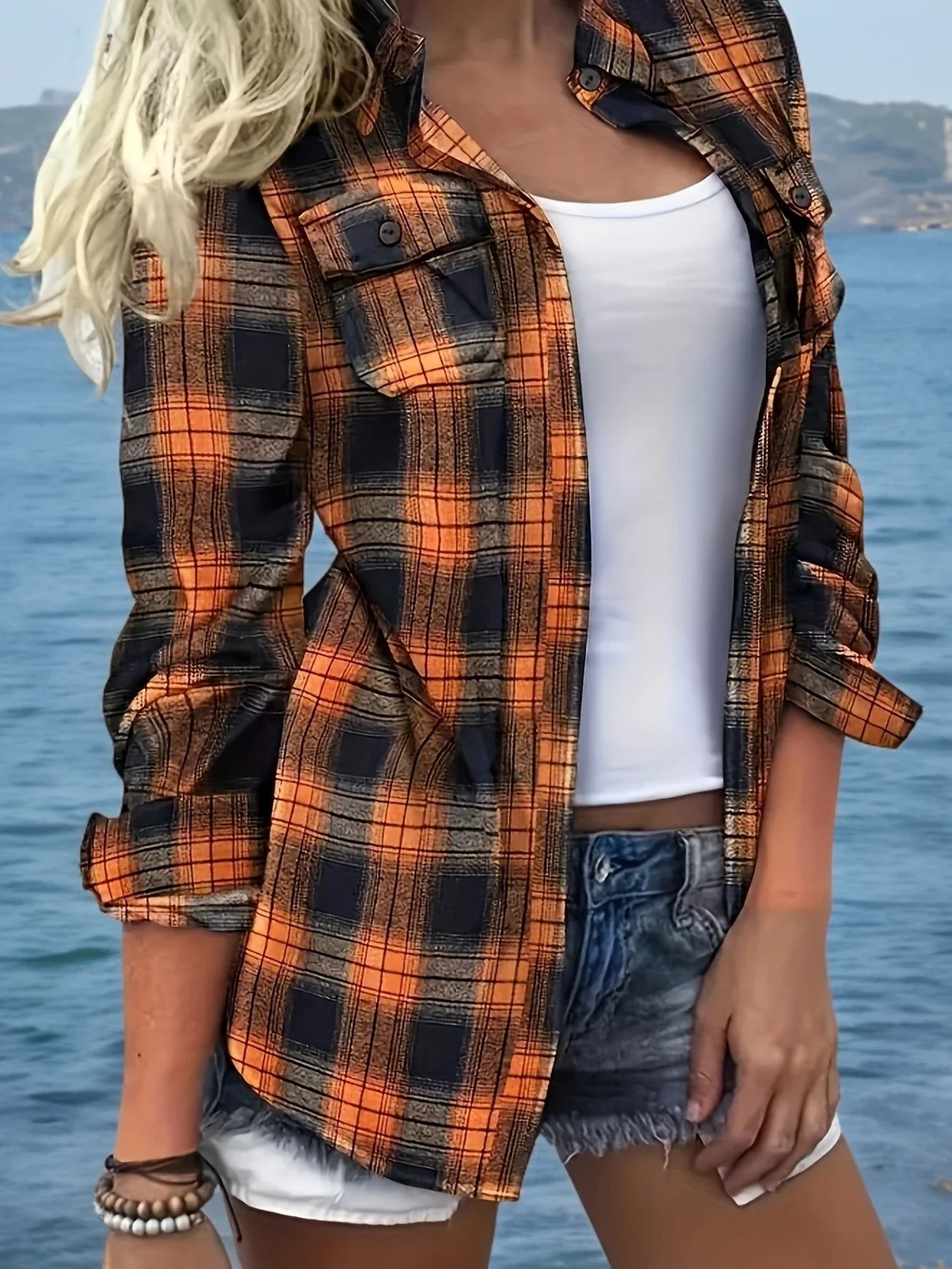 Plus Size 1XL-5XL Women Soft Polyester Fabric Plaid Shirt Casual Fall/Winter Style Machine Washable Button-Up Design Shirt