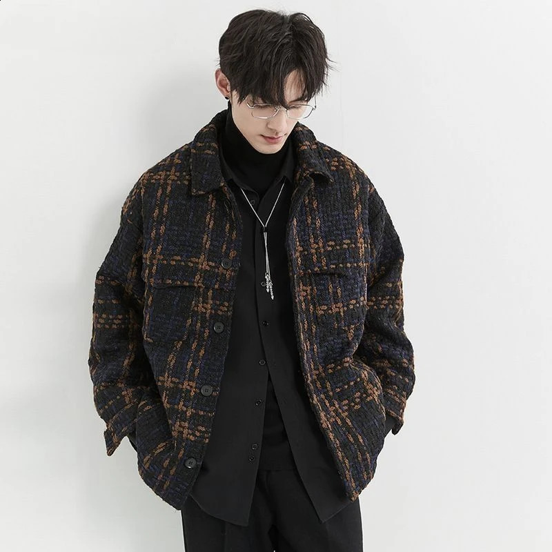 Vintage Elegant Plaid Coat Woven Grid Jacquard Woolen Jacket Mens Loose Casual Versatile Trendy Jacket Turn Down Collar Tops 250725