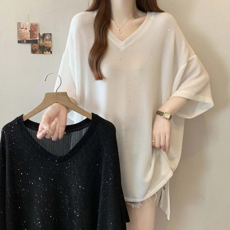 Plus Size Summer 2025 Women's Loose Fit V-Neck Glitter T-Shirt plus Size Casual Base Layer Top Comfortable Lazy Style Versati...
