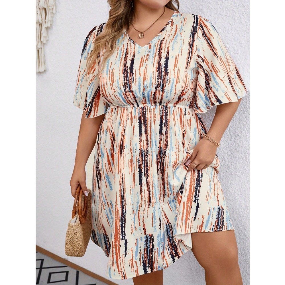 Plus Size 1XL-5XL Summer Women's V-neck Printed Short-Sleeved Dress