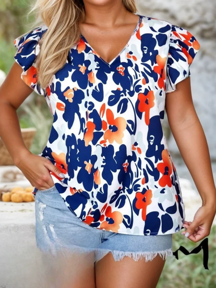 Plus Size 1XL-5XL New V-neck Women's Floral Short Sleeve Print Blouses Fashionable Collar Elegant Stylish Female Tops Clothing
