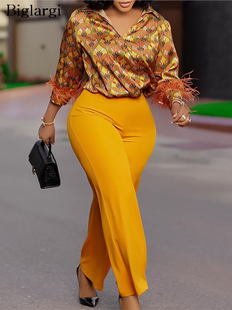 Plus Size Summer 2 Two Piece Set Women Floral Print Fashion Loose Ladies Blouses Casual Woman High Waist Long Pant