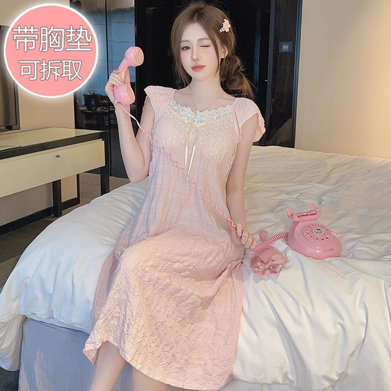 5XL Plus Size Sweet Pajamas Dress with Chest Pads Women Korean Style Nightgown Sleepwear Knee Lenth Home Clothes Can Be Outwear