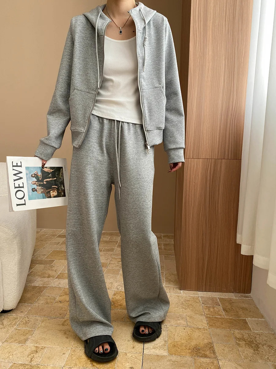 Spring womens casual solid color loose hooded sweatshirthigh waisted straight leg pants set250724