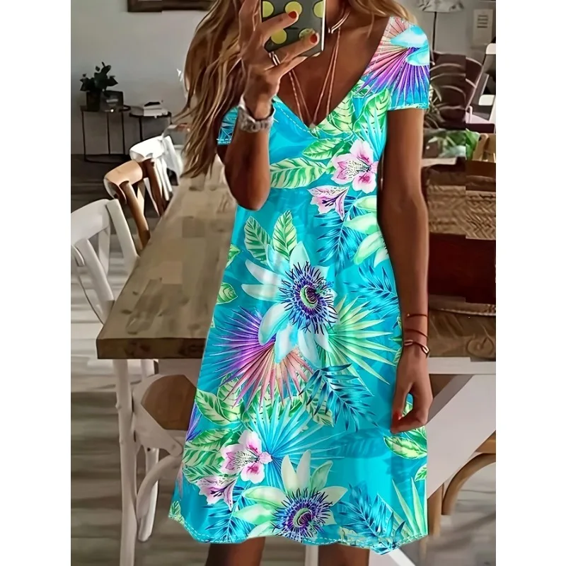 Plus Size 1XL-5XL Fashion Women's Summer Dress Print V-neck Dresses Fashion Short Sleeved Beach Vacation Medium Length Vestido