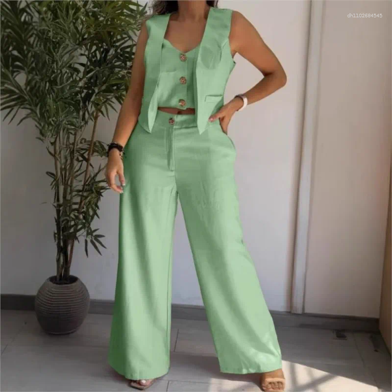 Women's Two Piece Pants Casual Vest Long Set Summer Fashion White Black Sleeveless Short Tank Top And Wide Leg Three Pieces Sets