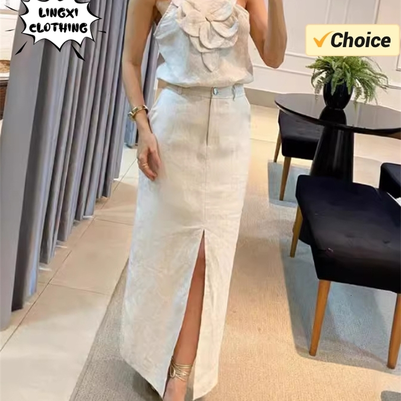 2024 Summer Fashion 3D Flower Hanging Strap Top Pocket Half Skirt Temperament Cotton and Hemp Womens Two Piece Set y250703