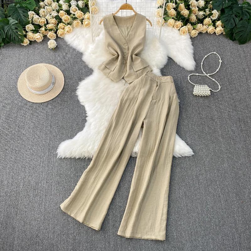 Women's Two Piece Pants Pant Set Women Sets V Neck Sleeveless Casual Vest Tops Wide Leg Long High Waist Streetwear Elegant