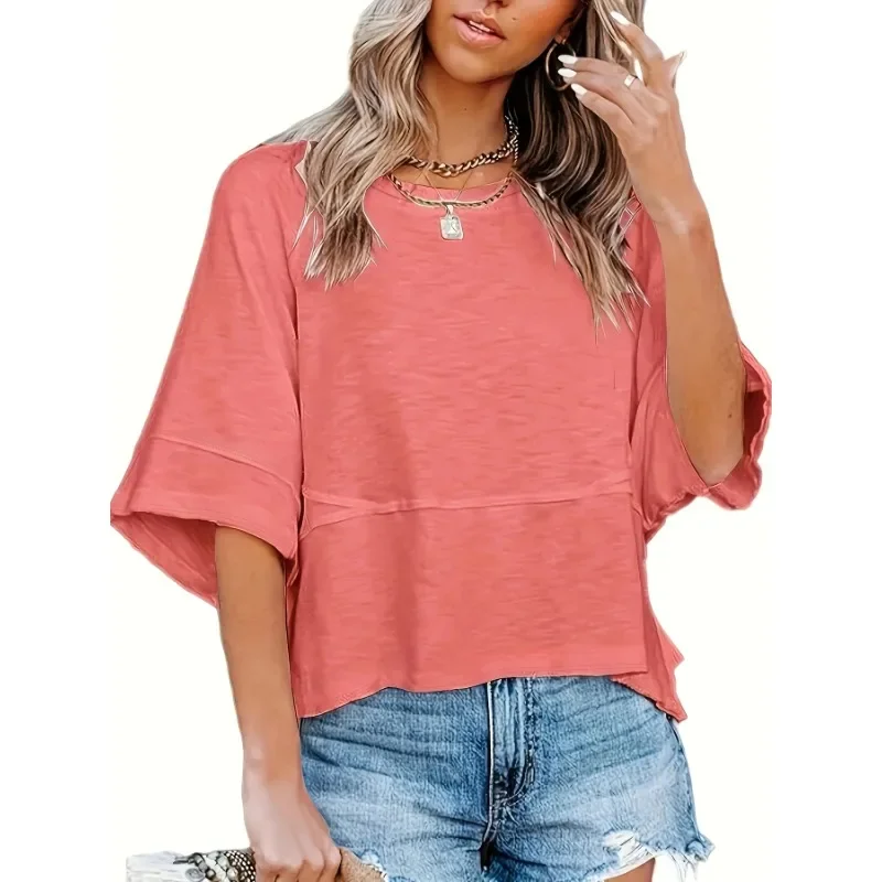 Plus Size Women's Solid Color Fashionable Versatile Round Neck T-shirt Suitable for Commuting