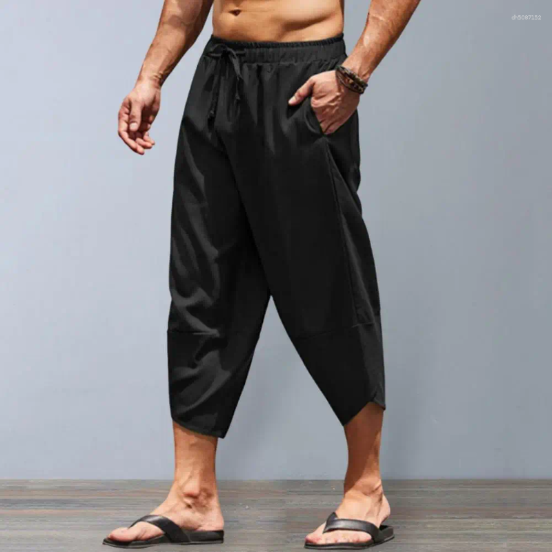 Men's Pants Summer Men Harem Solid Color Mid-rise Elastic Waistband Drawstring Pockets Baggy Thin Casual Male Cropped