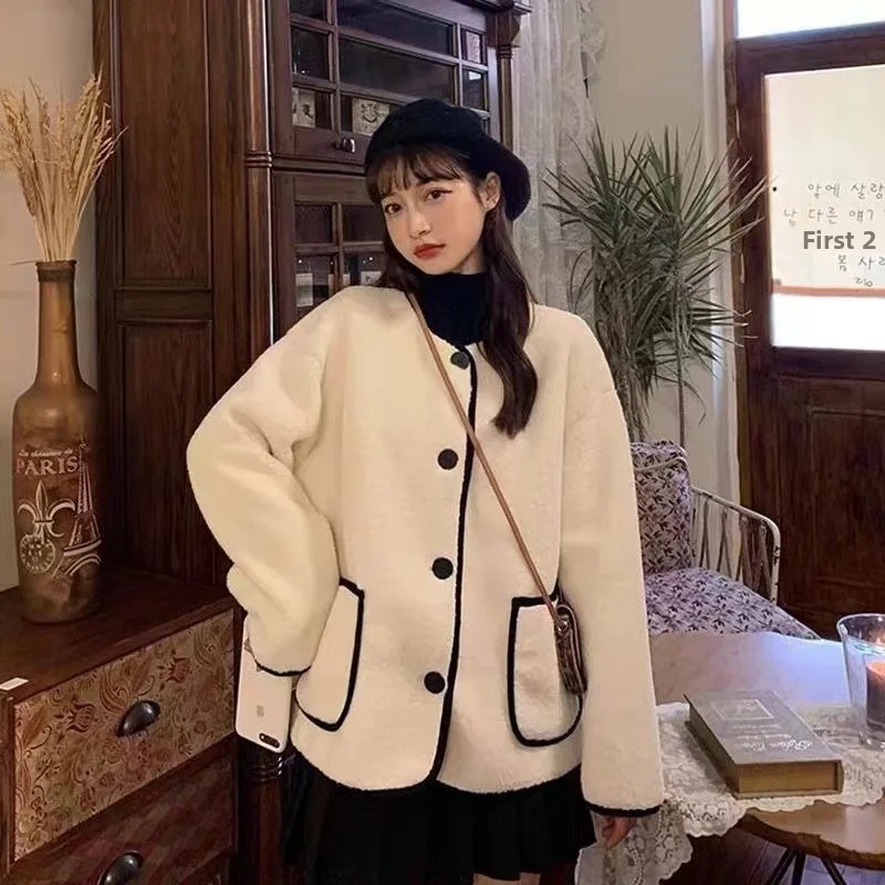 Autumn Winter Women's Chunky Color Block Fleece Jacket Warm Loose plus Size Slimming Fashionable Outerwear round Neck Full Sleev