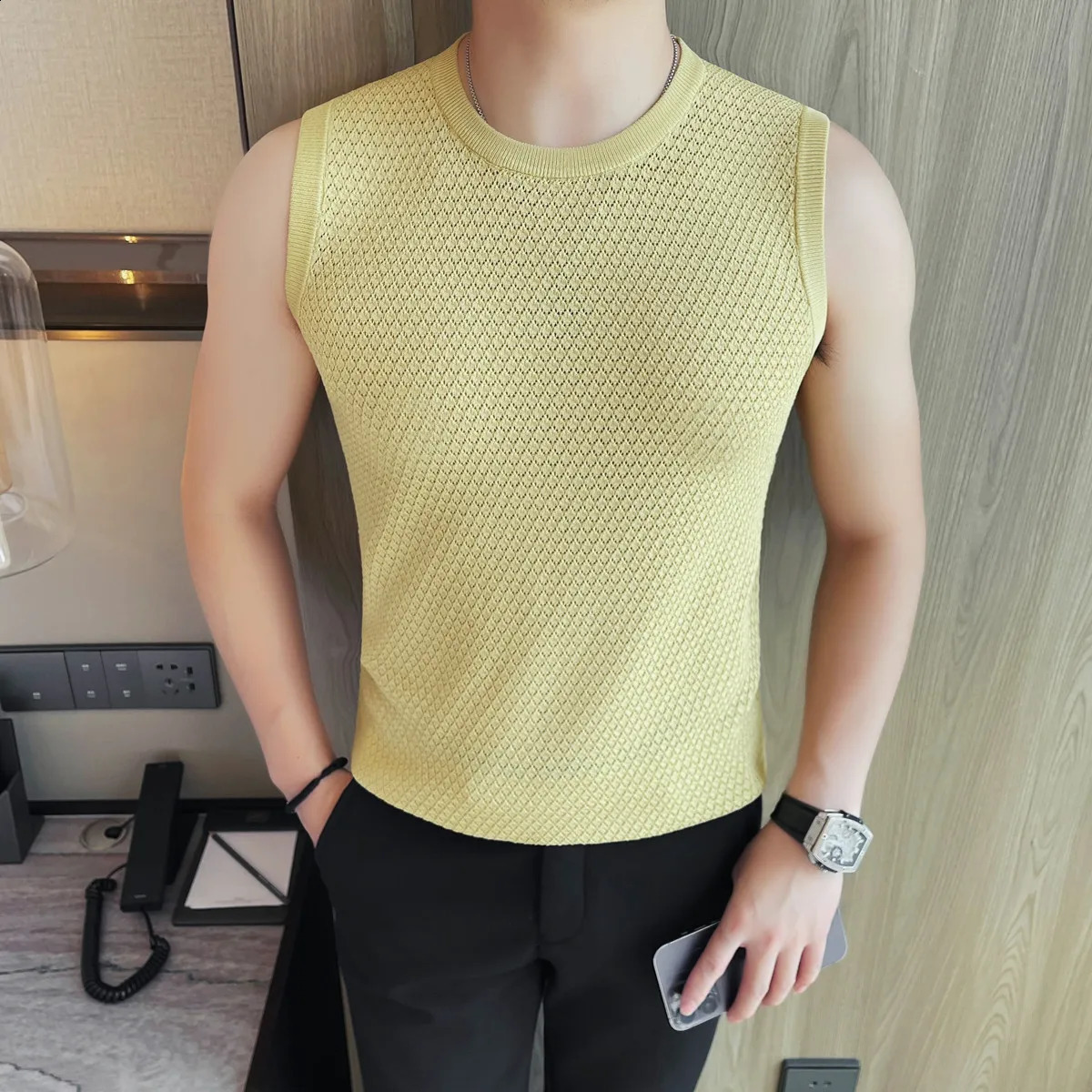 Mens Summer Sleeveless Vest Breathable MeshKnit Fabric Textured Crew Neck Relaxed Fit Casual Versatile Styling 250724