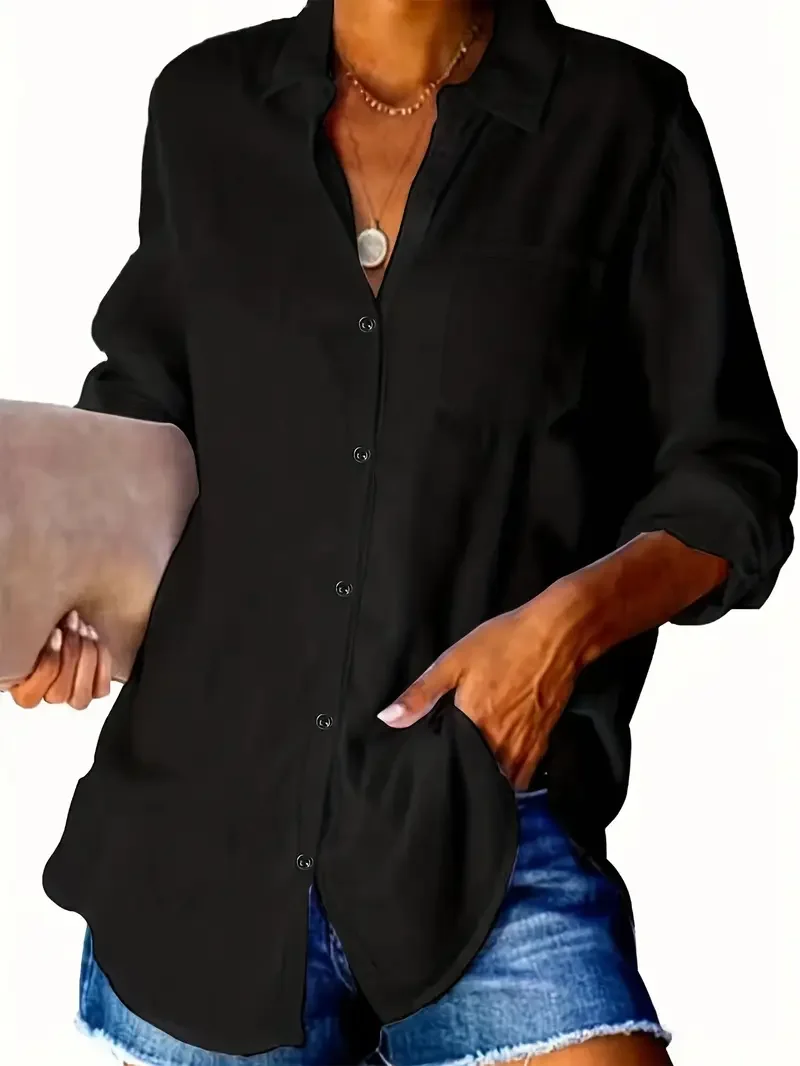 Plus Size 1XL-5XL Women's Casual V-Neck Solid Color Shirt Ladies Pockets Fashion Lapel Collar Blouse Shirt