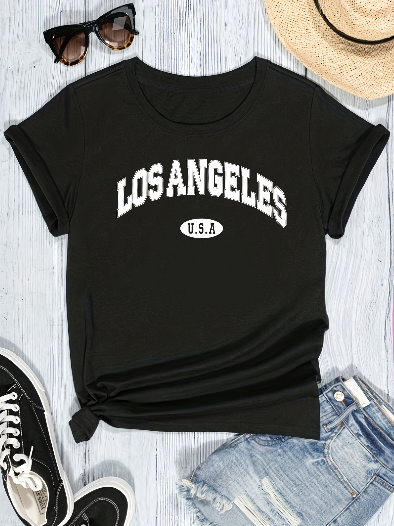 PLUS SIZE Women casual letter printed T-shirt short sleeved round neck summer knitted polyester top elastic fiber regular length