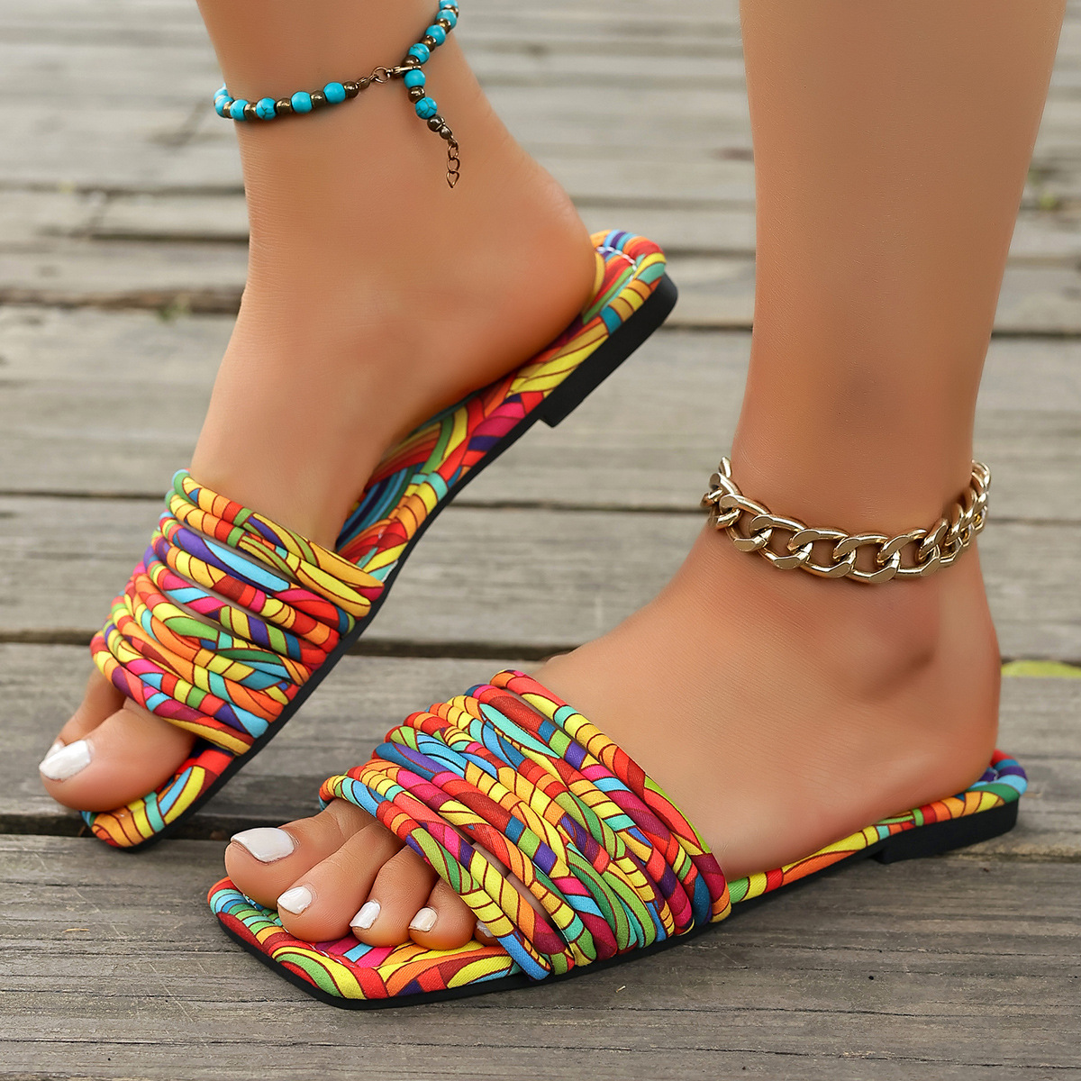 Fashion plus size one-line slippers women's,outwear new arrival rainbow graffiti,beach shoes women's surfing summer