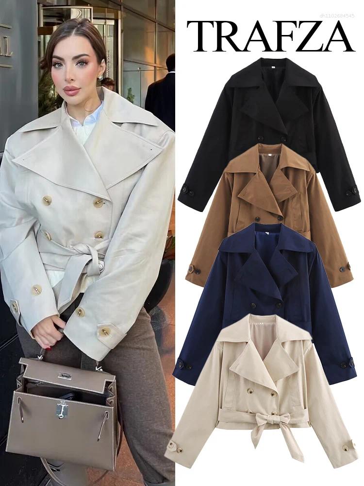 Women's Jackets TRAFZA Autumn Fashion Lapel Double Breasted Lace-up Short Coat Female High Street Casual Pocket Top 4-Color Loose Jacket