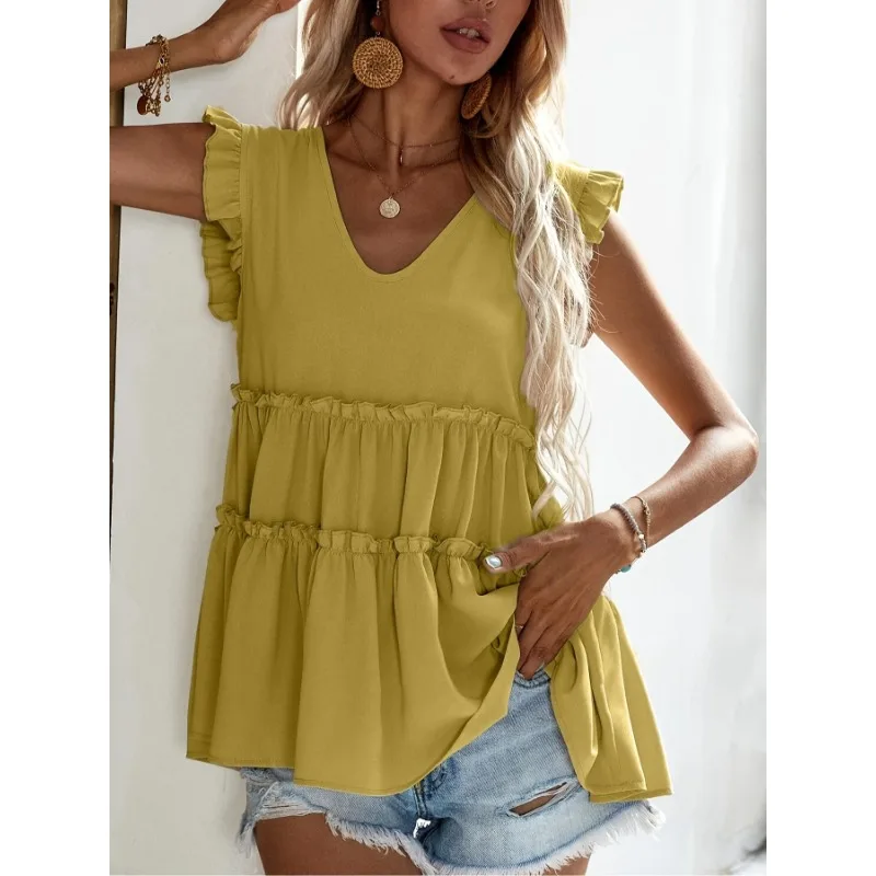 Plus Size 1XL-5XL Women's Fashionable Solid Color Pleated V-neck Elegant Summer Versatile Shirt
