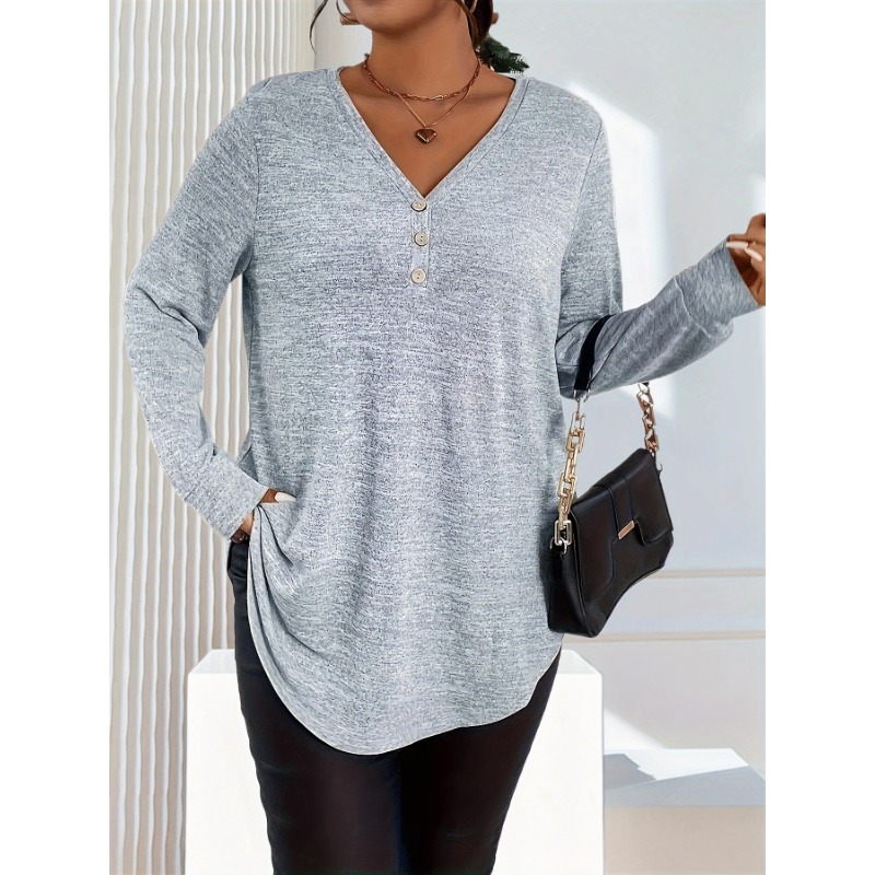 Plus Size Fashionable Women's Solid Color Button V-neck Comfortable Versatile Long Sleeved T-shirt Suitable for Commuting