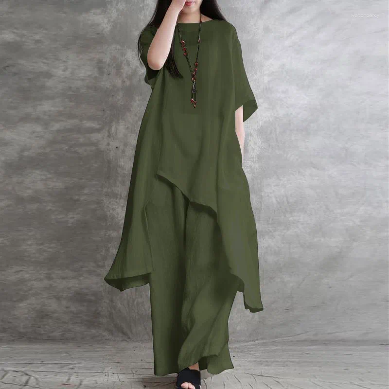 Women's Two Piece Pants Loose Casual Cotton Linen Set Fashion Round Neck Irregular Half Sleeved Extended Top Elastic Waist Wide Leg