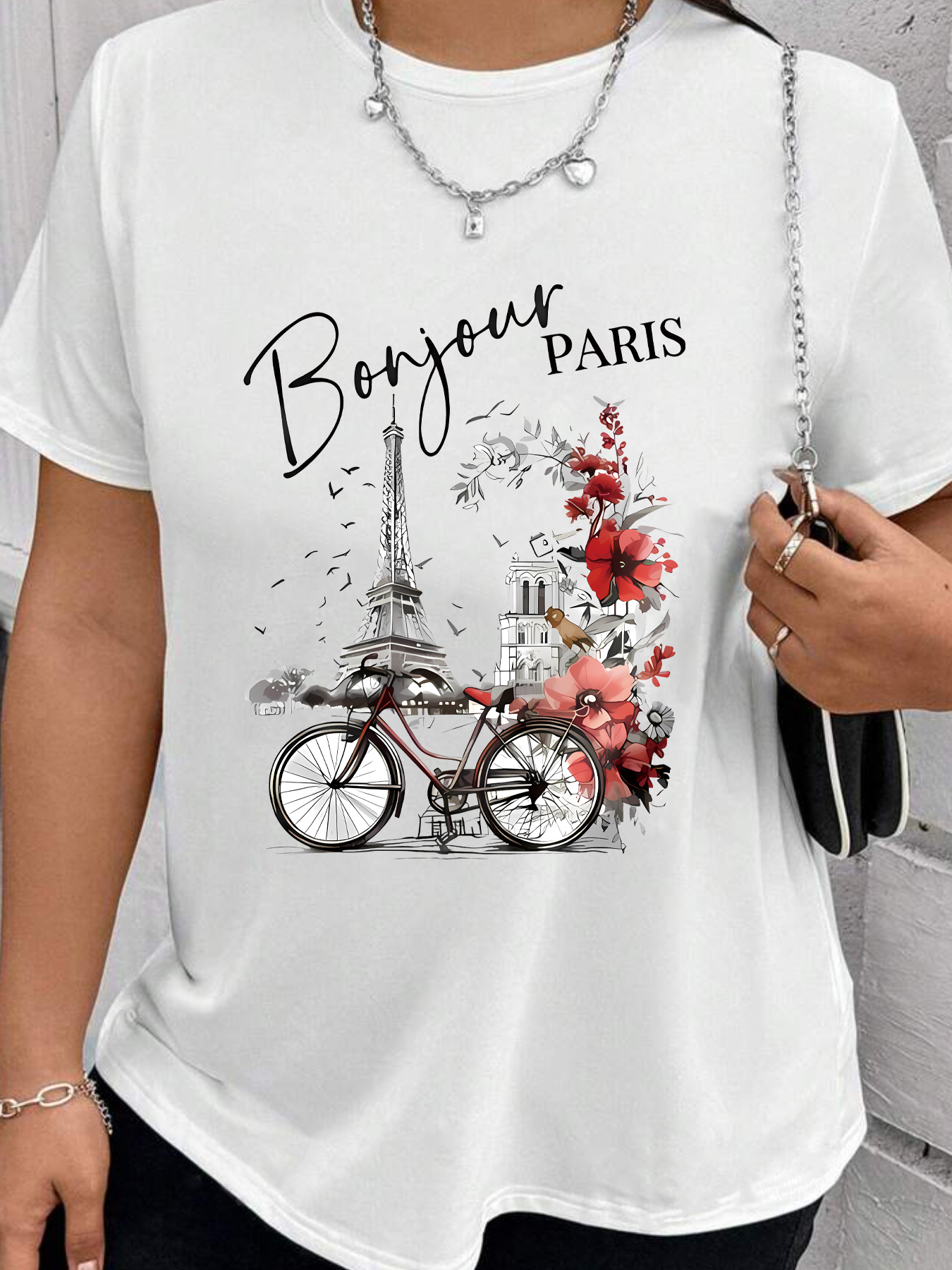 Bicycle iron tower flower Plus size women's round neck short sleeve T-shirt with elastic half sleeves and trendy prints