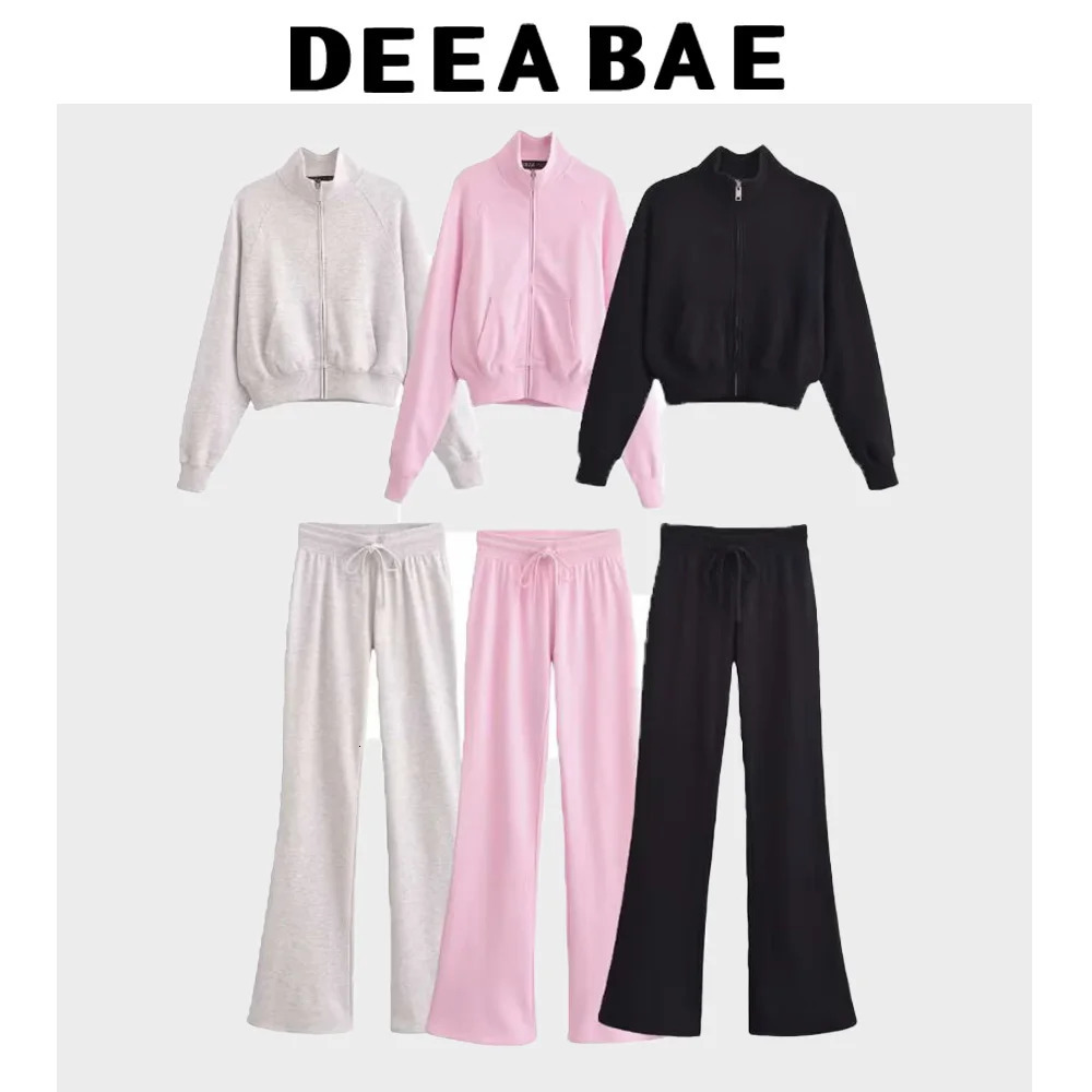 DEEABAE Womens Kit Suit Fashionable And Sweet Cotton Stand Up Collar Zipper Sweatshirt Casual Sweatpants Flared Pants250724