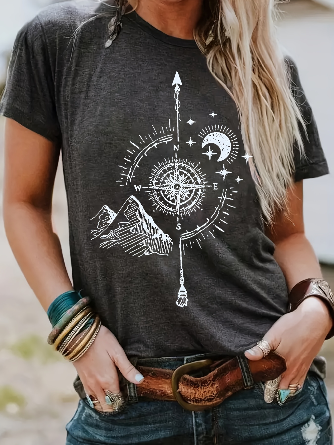 plus size Women's compass printed T-shirt summer casual short sleeved round neck top versatile and fashionable daily must have