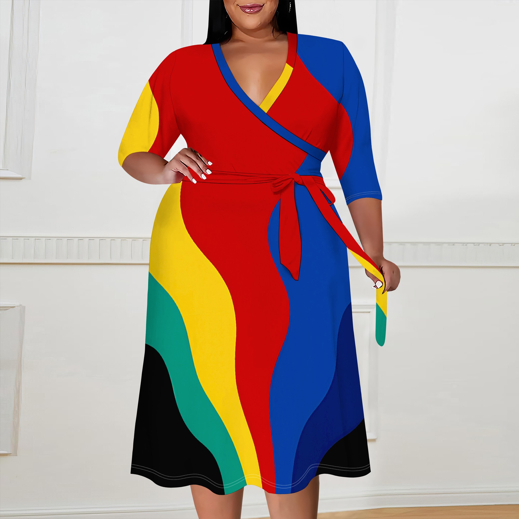 Plus Size Pan African Color Block Wrap Dress XL-6XL V-Neck Tie Waist for Juneteenth, Afro Parade or Heritage Day