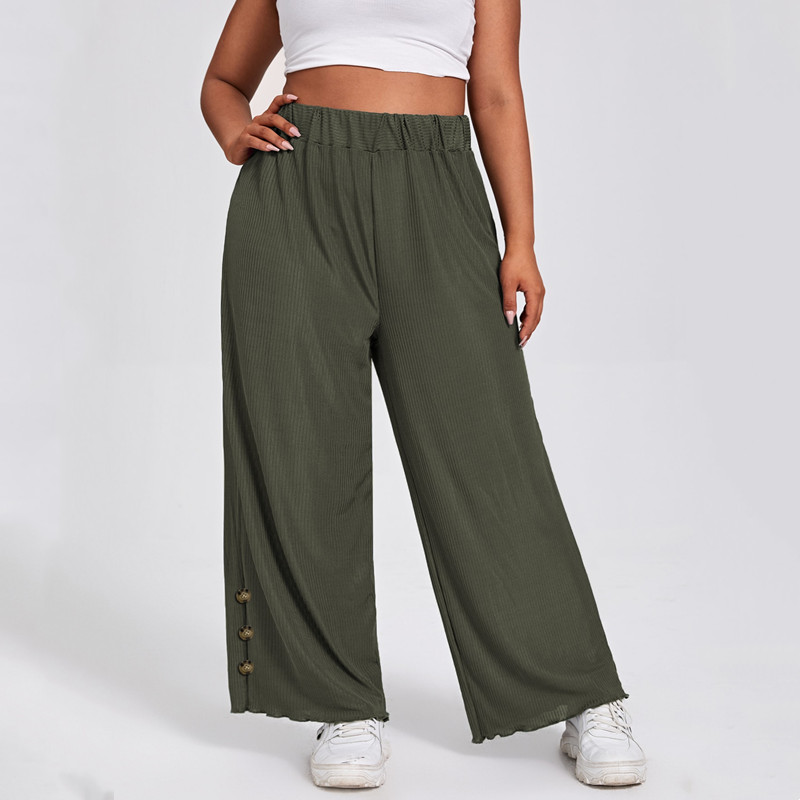 Plus Size Elastic Waist Summer Elegant Wide Leg Pants Women Button Design Loose Casual Straight Pants Trousers Bottoms 6XL 7XL