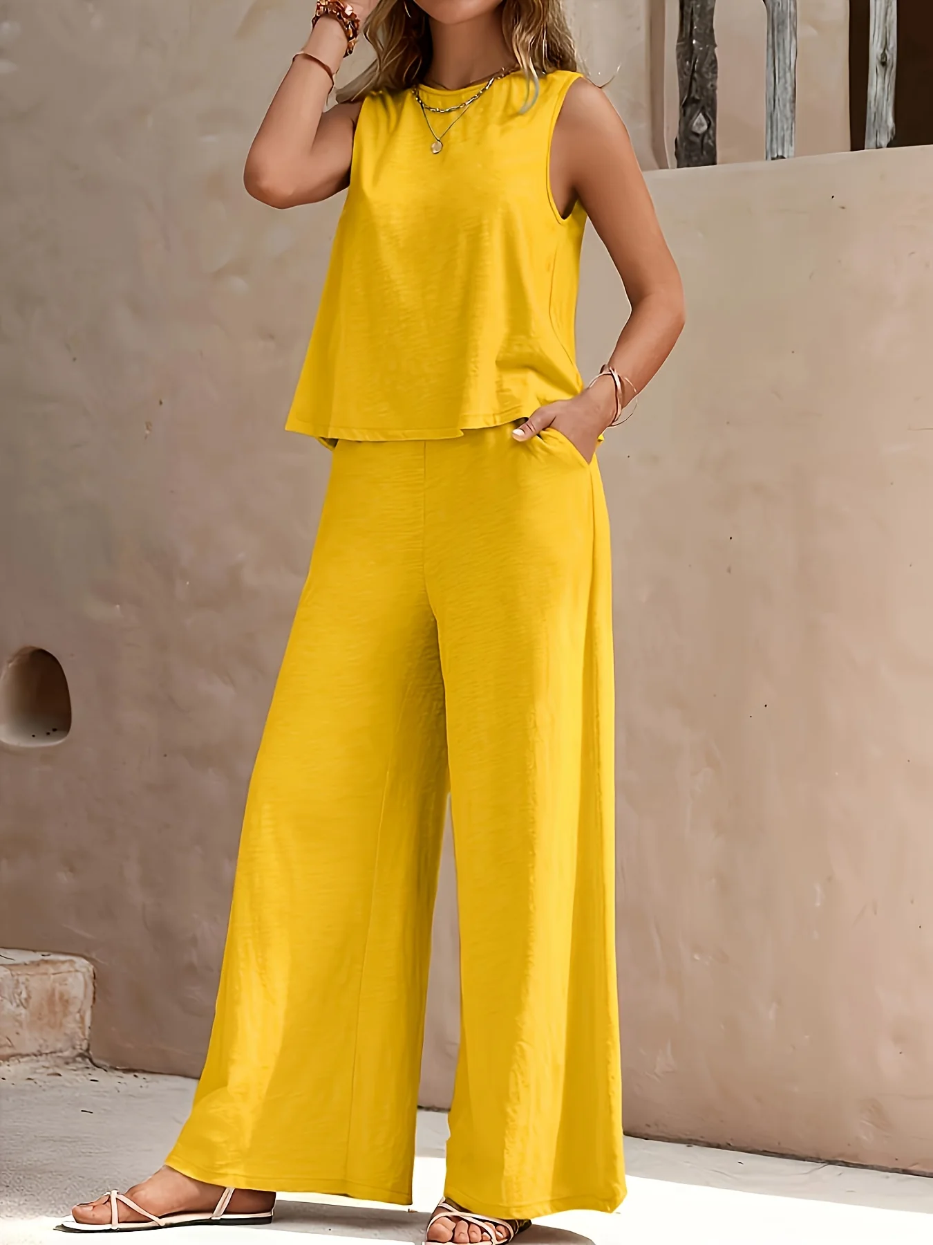 Plus Size 1XL-5XL Women's Fashion Women's Stylish Red Sleeveless Top & Wide-Leg Pants Set Ladies Spring/Summer Casual Wear