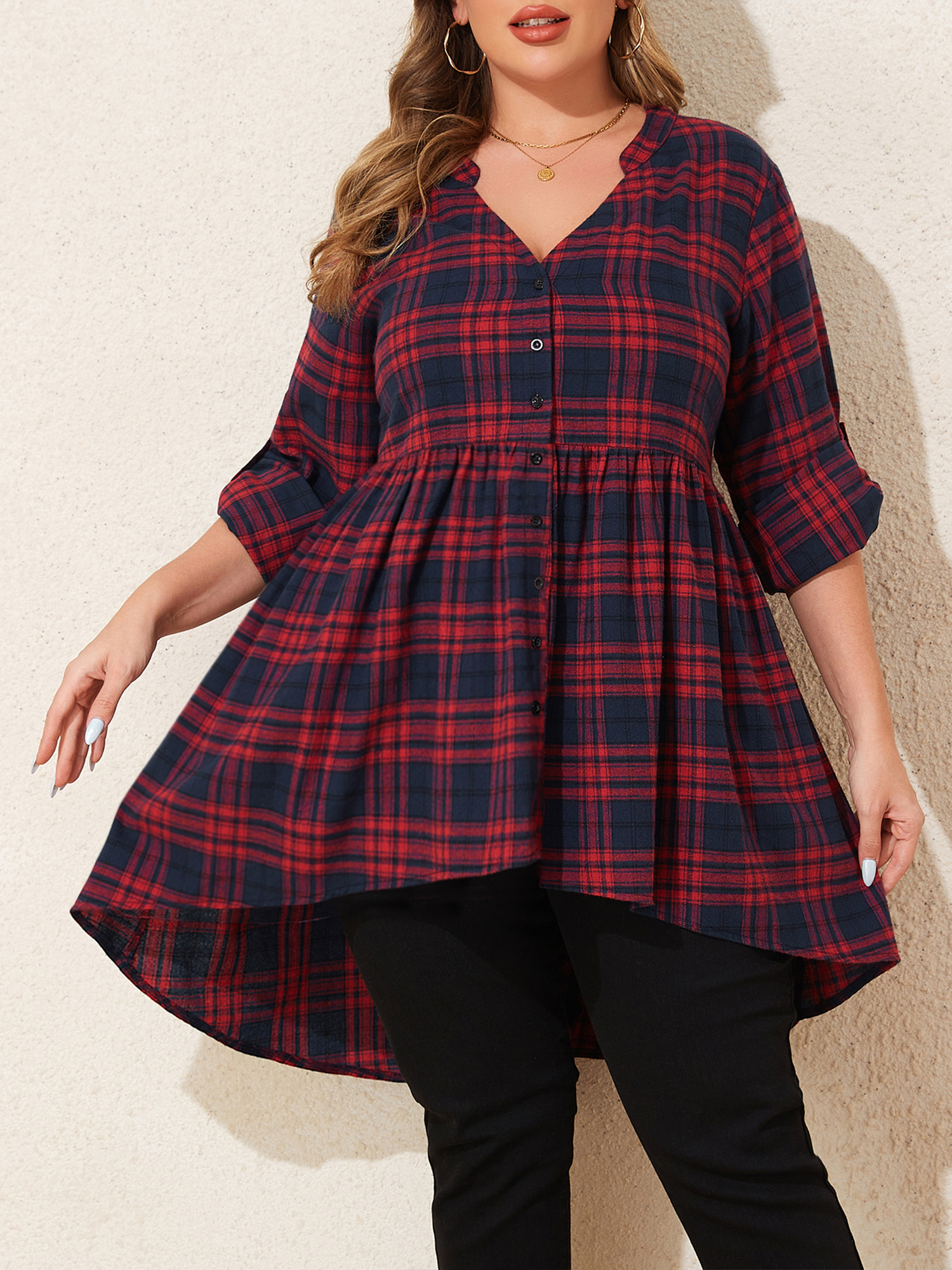 Plus Size Women's Check Plaid Long Sleev V-Neck Shirts Tunic Tops Spring Autumn Ladies Casual Buttons Blouse Size 1XL-6XL