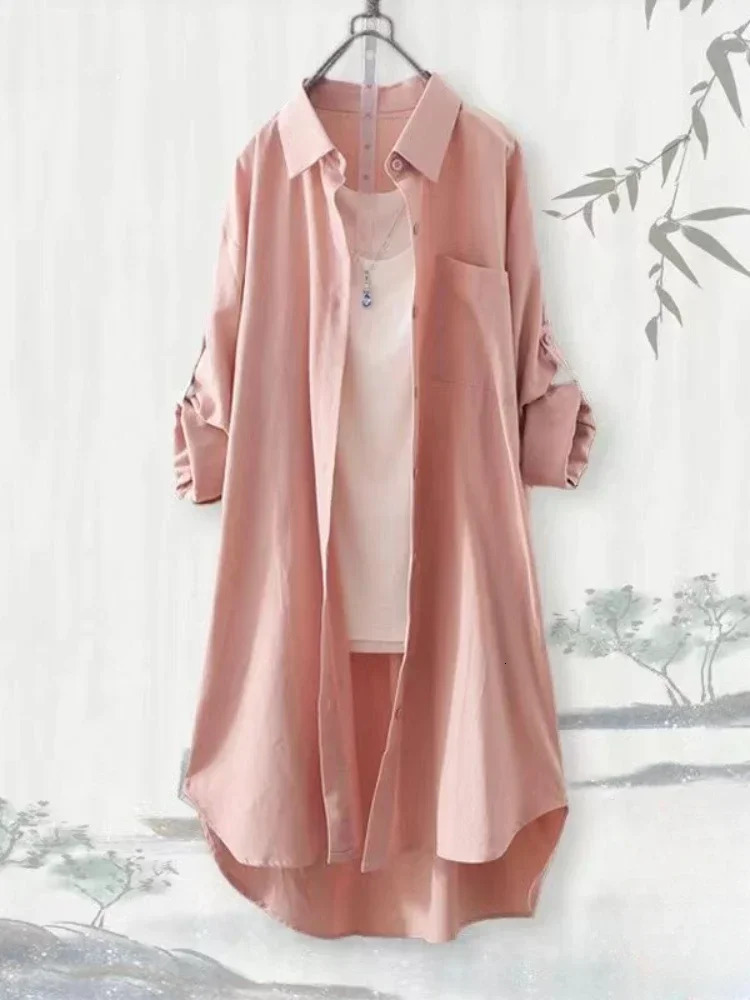 Plus Size Loose Breathable Blouses Midi Shirt Korean Casual Autumn Shirts Women Simple Solid Female Long Sleeved Shirts250723