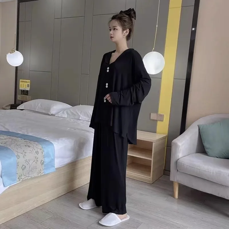150kg Women Plus Size Autumn Spring Loose Long-Sleeve Pajama+Pants Set Winter Fat Female Oversize Clothing Sleeping Clothes Suit