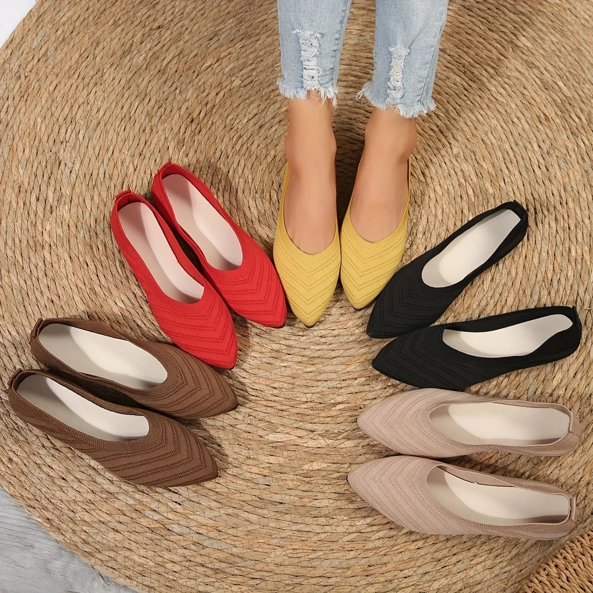 Womens Pointed Toe Flat Shoes Solid Color Knitted Slip on Shoes Casual Breathable Ballet Flats Women Flat Shoes 250804