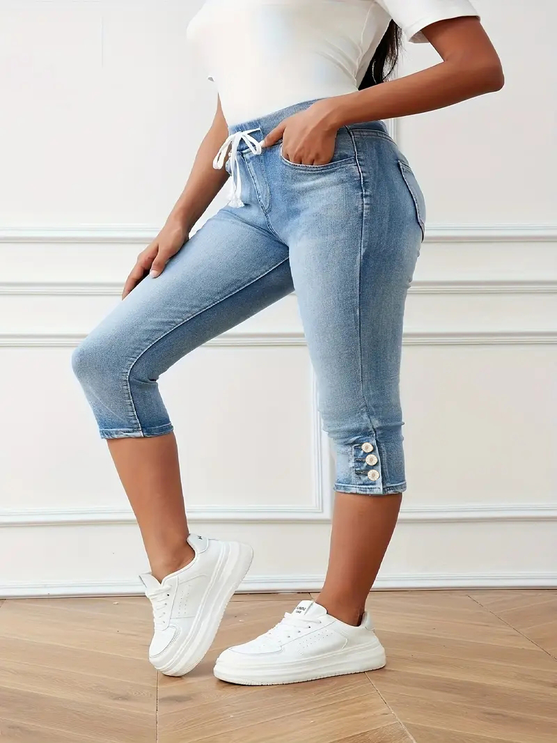 Women's Plus Size Denim Captcha Drawstring High Stretch Spring summer Versatile Leg Slit Washed Jeans.
