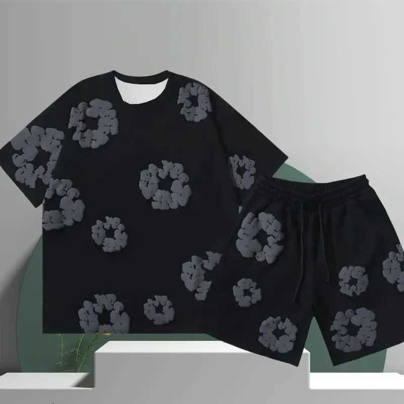 The 2025 summer new mens set is a casual American 3D printed flower pattern vacation outdoor casual fashion set made of polyest T2507319PA8