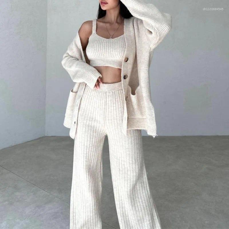 Women's Two Piece Pants Fashion Knit Casual Three Suit Spring Women Long Sleeves Cardigan Coat Sleeveless Vest Slim Wide Leg Autumn Outfit