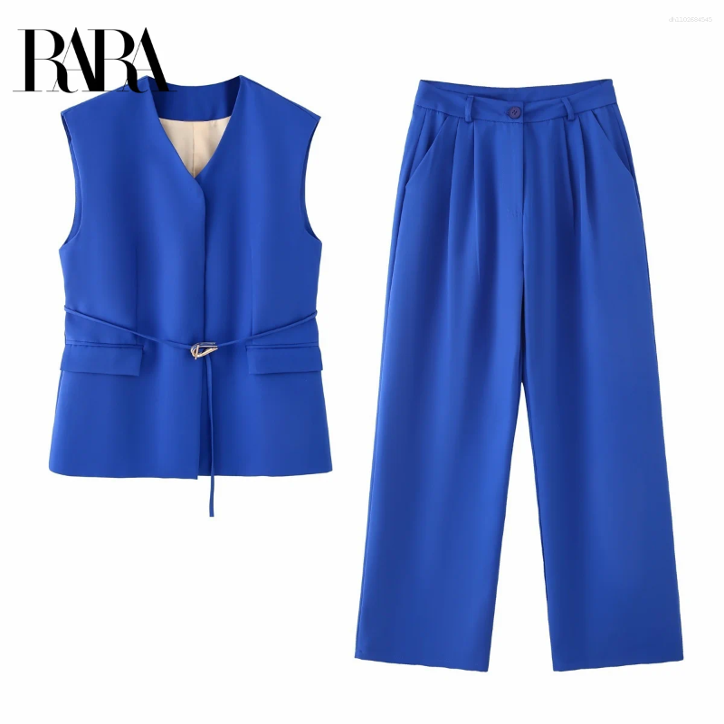 Women's Two Piece Pants RARA2025 Summer Casual Fashion All-match V-neck With Belt Vest Wide-leg Two-piece Set
