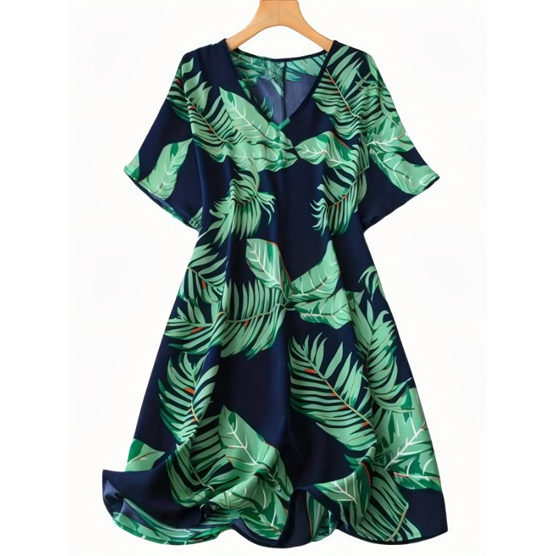 Plus Size 1XL-5XL Women's Summer Fashion Plant Printed Bat Sleeve Comfortable Versatile Dress