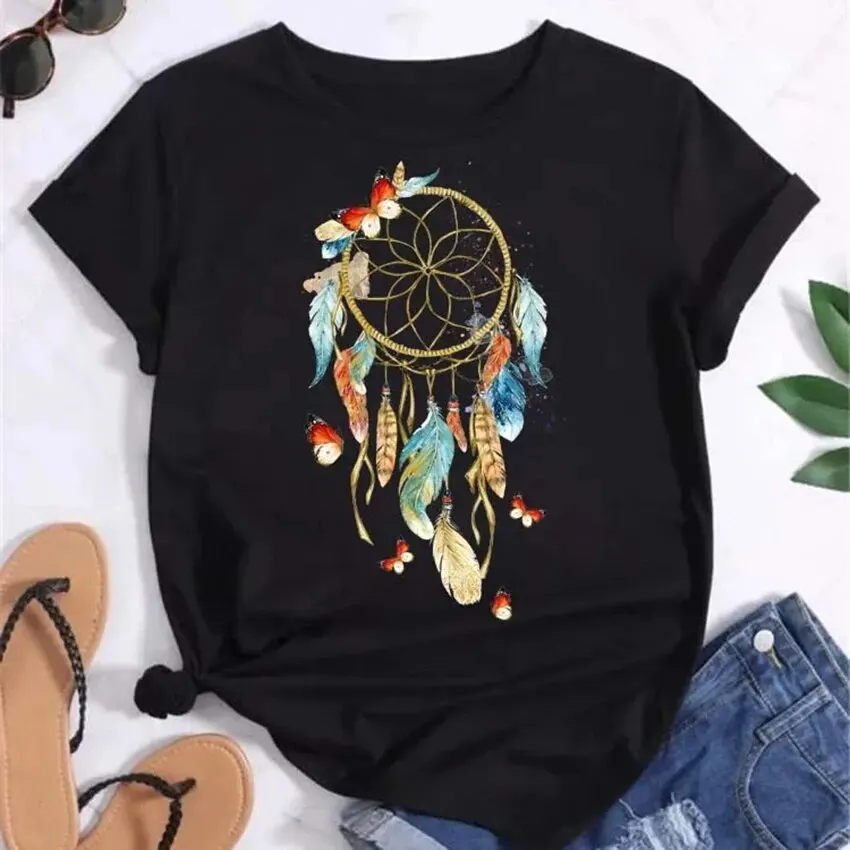 Plus Size Women Summer Short Sleeve Dreamcatcher Feather Fashion Print Lady T-shirts Top Shirt Ladies Womens Graphic Tee Top