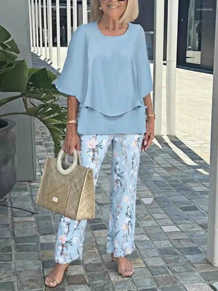 Women's Two Piece Pants Summer Fashion 2 Sets Women O-neck 3/4 Sleeve Print Suits Casual Loose Irregular Top Wide Leg Pant Set