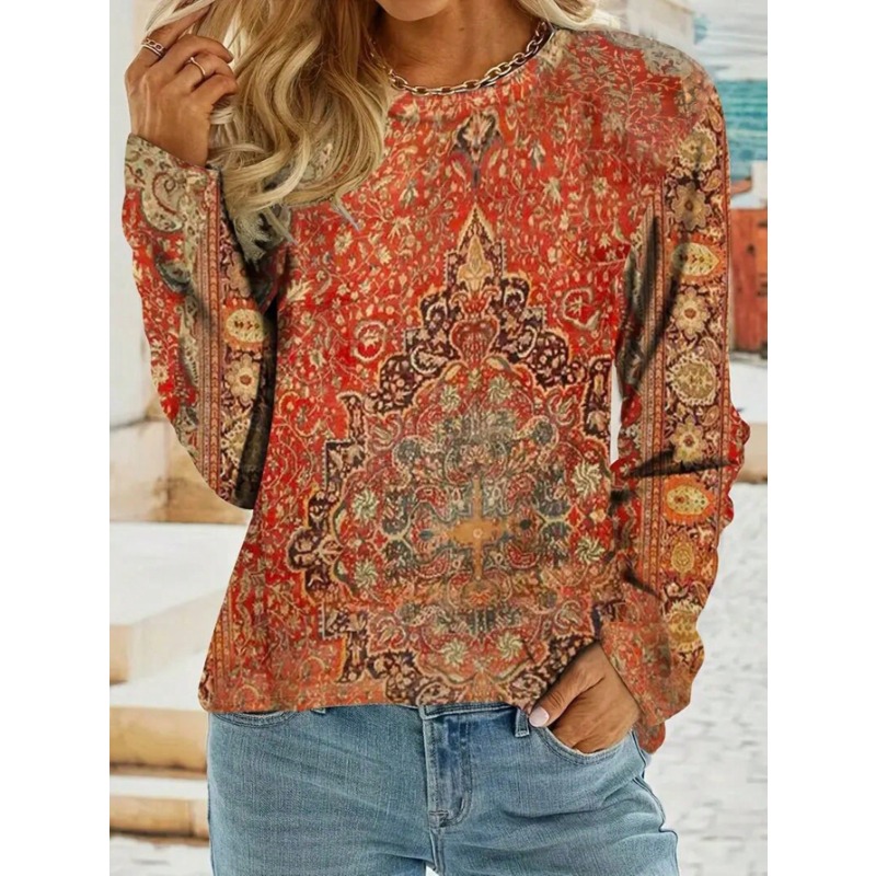 Plus Size 1XL-5XL Women's Casual Autumn New Fashionable Round Neck Printed Comfortable Long Sleeved T-shirt