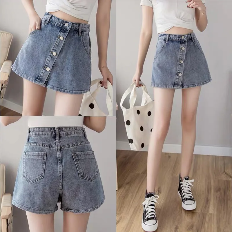 High Waist A- Line Denim Skirt Loose Slimming Wide Leg Hot Pants Women's Summer Fashion plus Size Cotton Solid Color Skirts