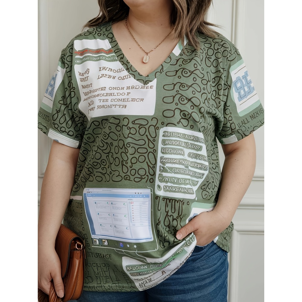 Plus - Size 1Xl-5XL Women's V-neck INS Fashion With A Unique Irregular Checkered Print Pattern T-shirt Top