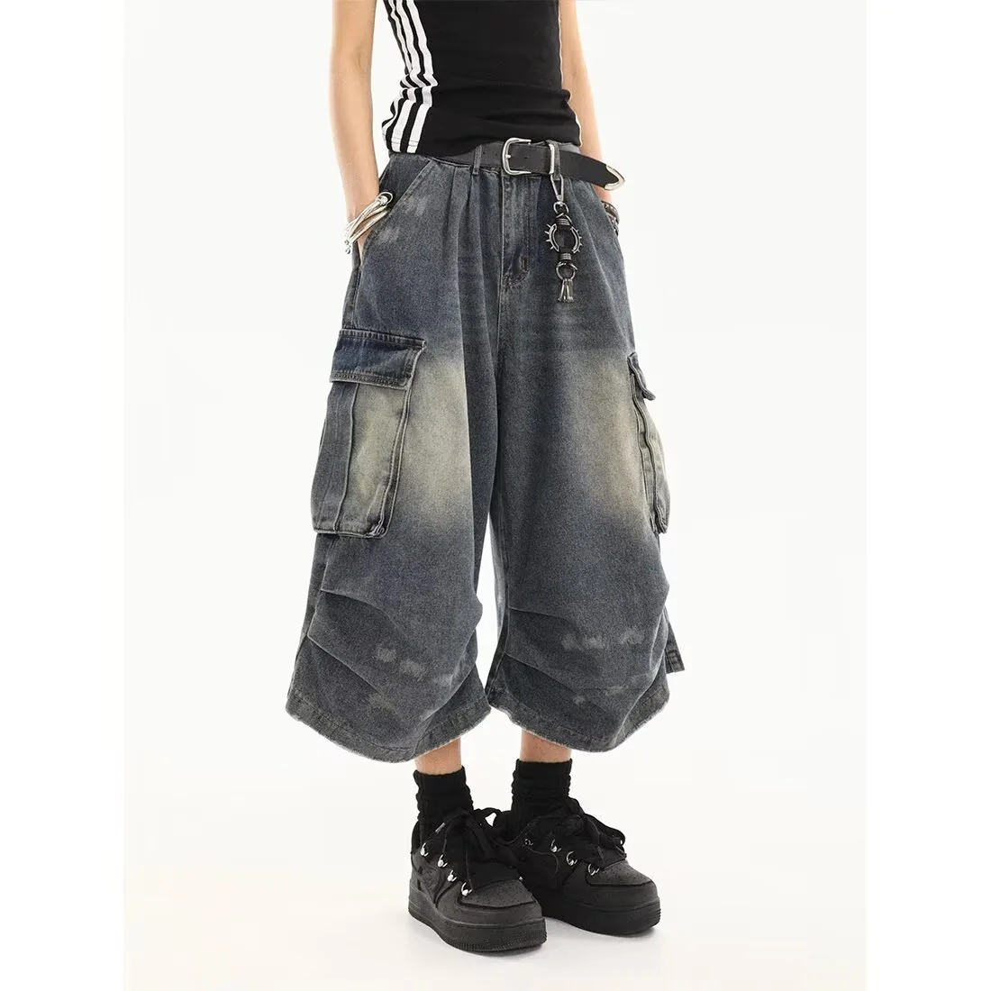 Summer High Waist Straight Leg Jeans Shorts Women's Regular Fit Multi-Pocket Workwear Denim Seven-Foot Pants