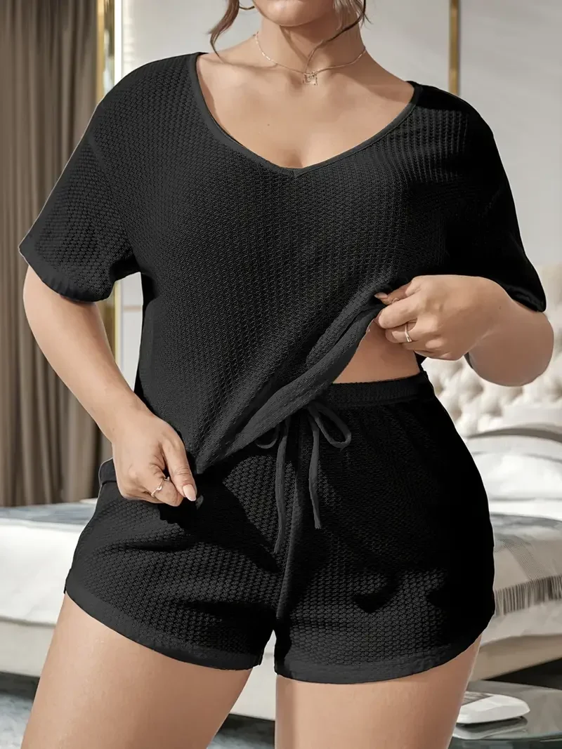 Plus Size 1XL-5XL Summer Short Sleeve Women's Pajama Set with and Shorts Women Casual Loose Sleepwear for Outdoors