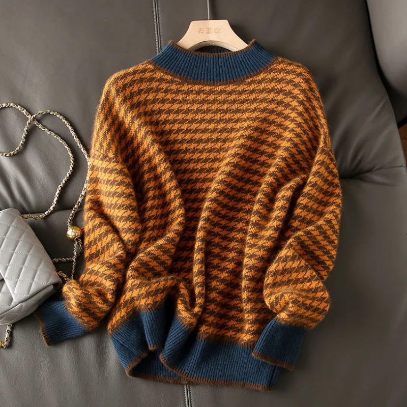 Houndstooth Malfleneck Pull lâche et mince Pull en tricot Femmes 22 Automne Plaid décontracté à manches longues Femme 250730