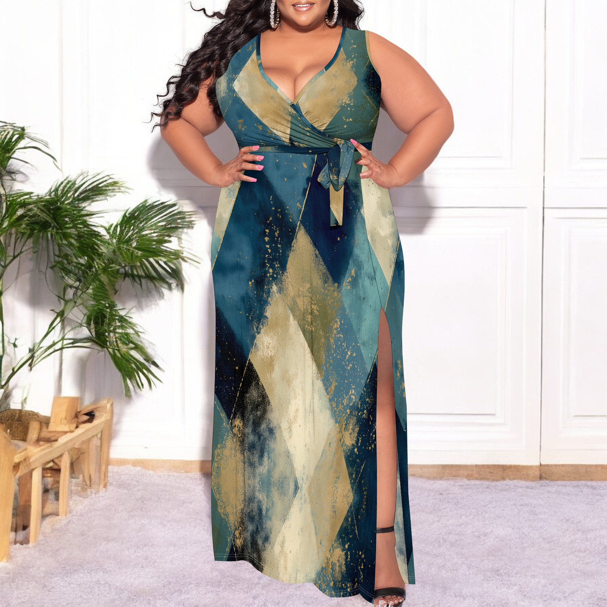 Plus Size Sleeveless V-Neck Split Maxi Dress XL-6XL Elegant Geometric Print for Evening Party, Wedding or Holiday Look