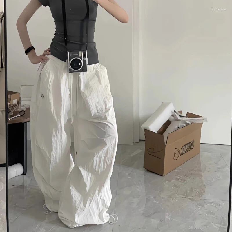 Women's Pants Woman Y2K Parachute White Harajuku Streetwear Embroidery Wide Leg Jogger Trousers Oversized Pockets Baggy Cargo Sweatpants